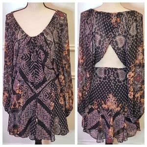 Free People Black MultiColor Floral Geometric Print Seven Wonders Mini Dress, XL